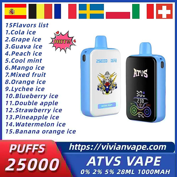 ATVS 25000 Puffs Disposable Vape 3Nicotine 15Flavors Digital screen E Cigarettes free shipping