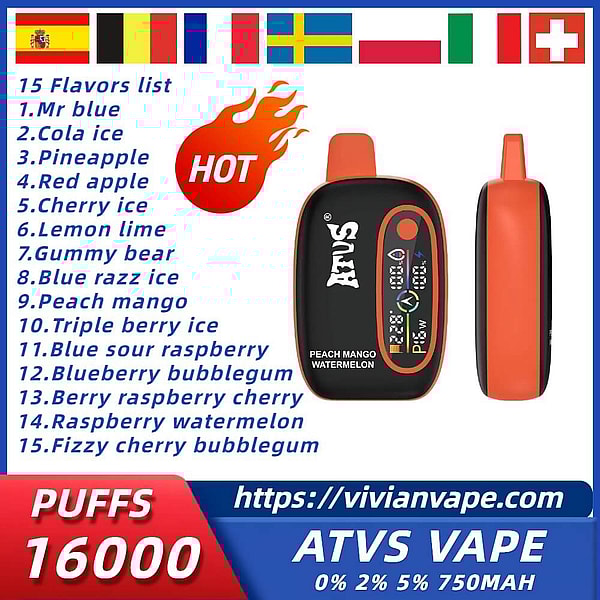 ATVS 16000 Puffs Disposable Vape 3Nicotine 15Flavors Digital screen E Cigarettes free shipping