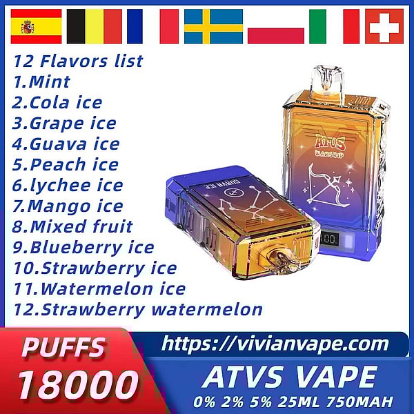 ATVS 18000 Puffs Disposable Vape 3Nicotine 12Flavors Digital screen E Cigarettes in stock