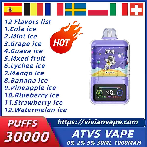 ATVS 30000 Puffs Disposable Vape 3Nicotine 12Flavors Digital screen E Cigarettes in stock