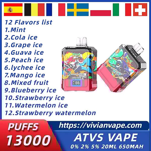 ATVS 12000 Puffs Disposable Vape 3Nicotine 12Flavors Digital screen E Cigarettes in stock
