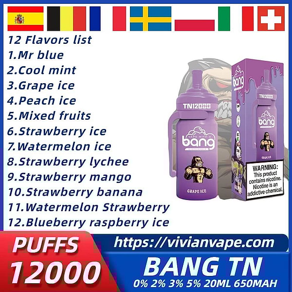 BANG 12000 Puffs Disposable Vape pen 0%2%3%5%Nicotine mesh coil 12Flavors E Cigarettes pod