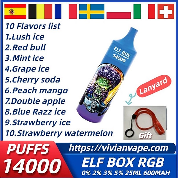 ELF BOX RGB 14000 Puffs Disposable E Cigarette 0% 2% 5%Nicotine 10Flavors Tornado Vape free shipping