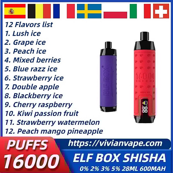 ELF BOX Shisha Hookah16000 puffs Disposable E Cigarette 0%2%/5%Nicotine LED display Vape12Flavors