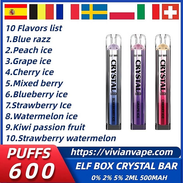 ELF BOX CRYSTAL 600 Puffs Disposable E Cigarette 0% 2% 5%Nicotine Color bar Vape pen 10Flavors
