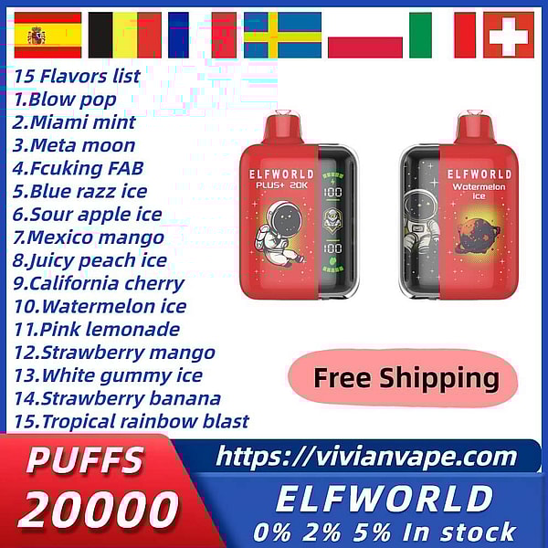 ELFWORLD G20000 Puffs Disposable Vape Type-C Battery Rechargable 15Flavors 22ml liquid mesh coil E Cigarette