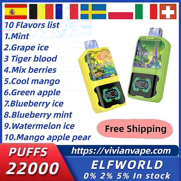 ELFWORLD AI22000 Puffs Disposable Vape Type-C Rechargable 10Flavors 26ml mesh coil E Cigarette free shipping