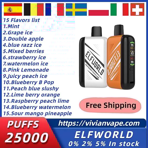 ELFWORLD 25000 Puffs Disposable Vape Type-C LED Display 15Flavors 25ml mesh coil E Cigarette IN STOCK