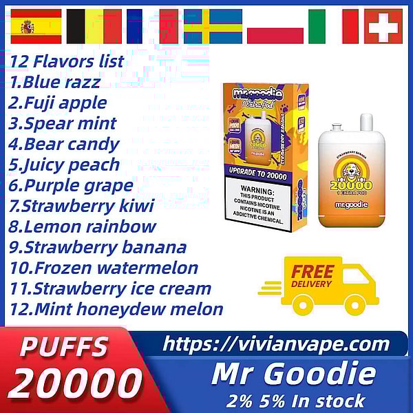 Mr Goodie 20000 Puffs Disposable E Cigarette 2% 5% Dual pods Dual mesh 12Flavors Vape in stock