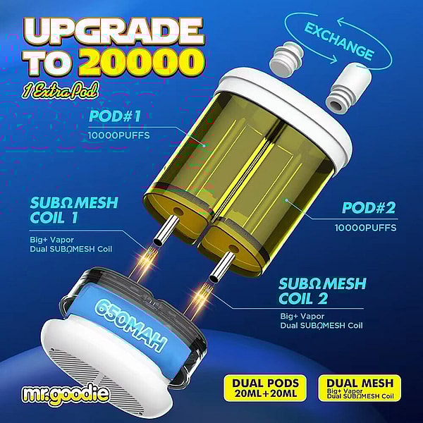 Mr Goodie 20000 Puffs Disposable E Cigarette 2% 5% Dual pods Dual mesh 12Flavors Vape in stock - Image 3