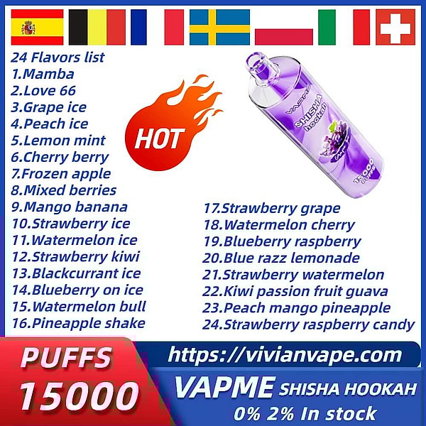 VAPME SHISHA HOOKAH 15000 Puffs Disposable Vape Type-C 24Flavors 25ml 0% 2% E Cigarette in stock