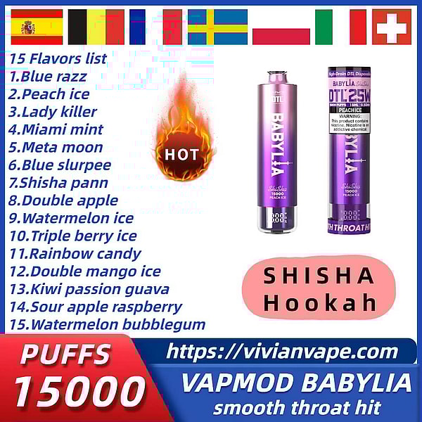 VAPMOD DTL BABYLIA Shisha Hookah15000 puffs Disposable E Cigarette LED display12Flavors Vape