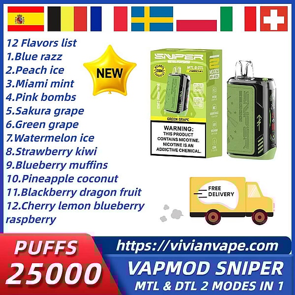VAPMOD SNIPER 25000 puffs Disposable Vape LED display E Cigarette  20Flavors free shipping