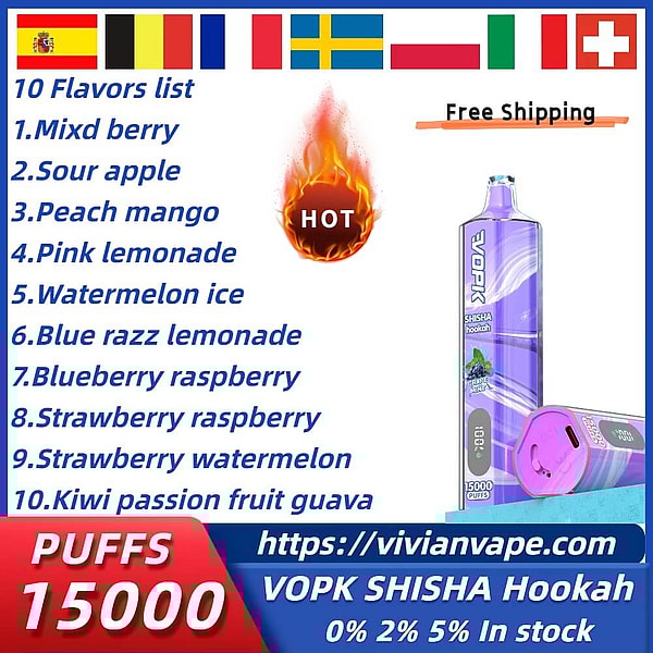 VOPK SHISHA Hookah 15000 Puffs Disposable Vape 0%2%5% 10Flavors Digital screen E Cigarettes