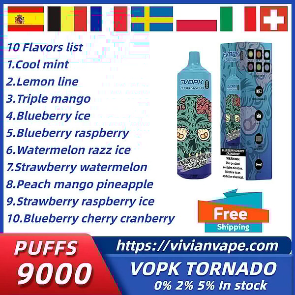 VOPK TORNADO 9000 Puffs Disposable Vape 0%2%5% 10Flavors Digital screen E Cigarettes in stock
