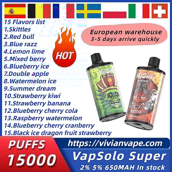 Vapsolo Super 15000 Puffs Disposable Vape 4Nicotine 15Flavors Digital screen E Cigarettes