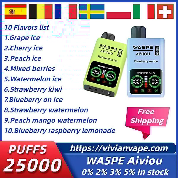 WASPE Aiviou 25000 Puffs Disposable Vape LED display Child lock Type-C 10Flavors 25ml liquid E Cigarette