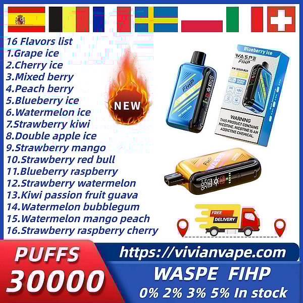 WASPE 30000 puffs Disposable E Cigarette 0%5%Nicotine  LED display Adjustable airflow 16Flavors Vape