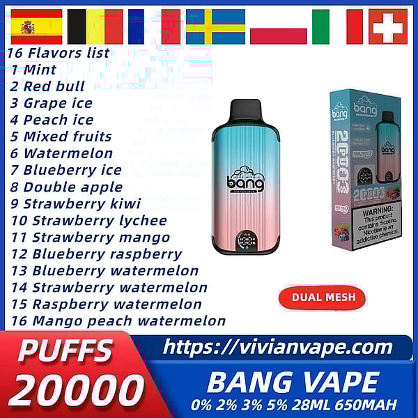 BANG 20000 Puffs Disposable Vape pen 4Nicotine 16Flavors Digital screen E Cigarettes