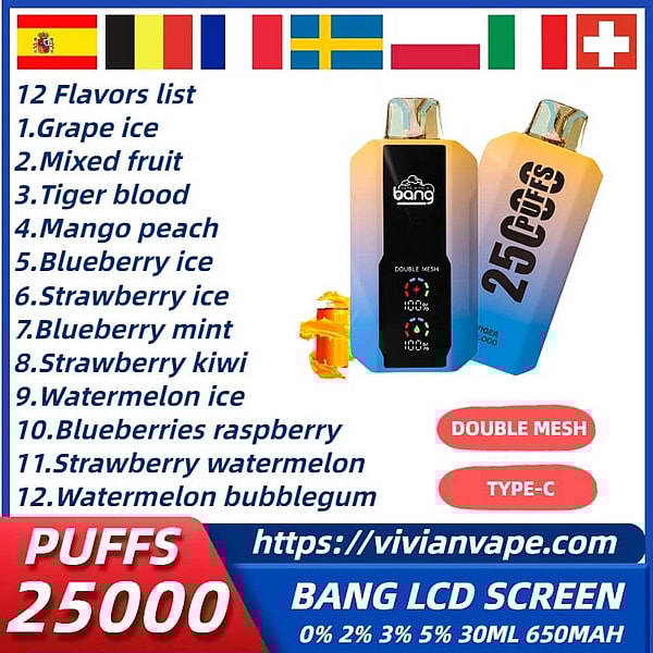 BANG 25000 Puffs Disposable Vape POD 0%2%5%Nicotine 12Flavors Digital screen E Cigarettes free shipping