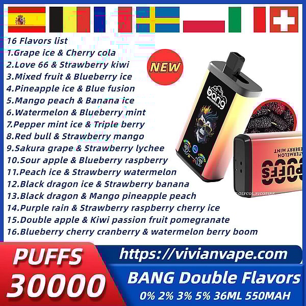 bang 30000 Puffs Disposable E Cigarette 0%2%5%Nicotine LED display Double flavor Vape free shipping