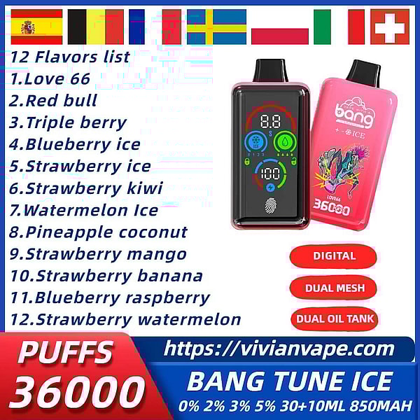BANG 36000 Puffs Disposable Vape 4Nicotine 12Flavors in stock Digital screen E Cigarettes
