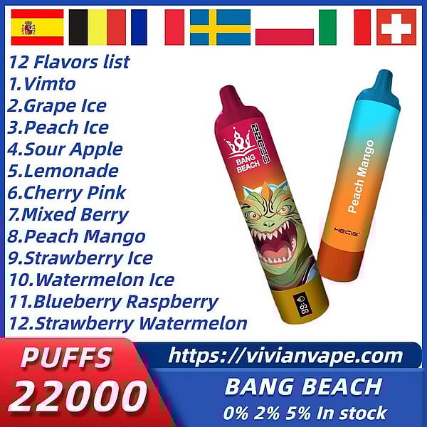 BANG BEACH 22000 Puffs Vape Type-C 12Flavors LED displayid Disposable E Cigarette in stock