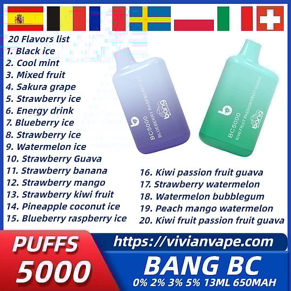 BANG BC 5000 Puffs Disposable Vape 4Nicotine 20Flavors Rechargeable E Cigarettes POD