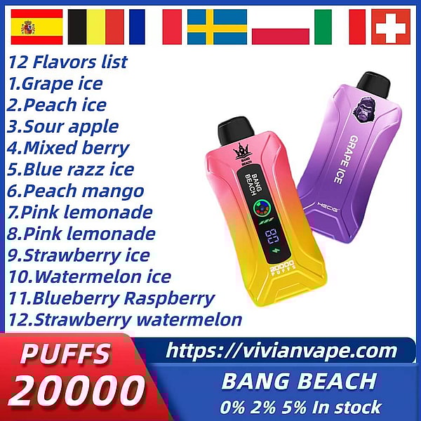 bang beach 20000 Puffs Vape Type-C 12Flavors LED display dual mesh Disposable E Cigarette free shipping