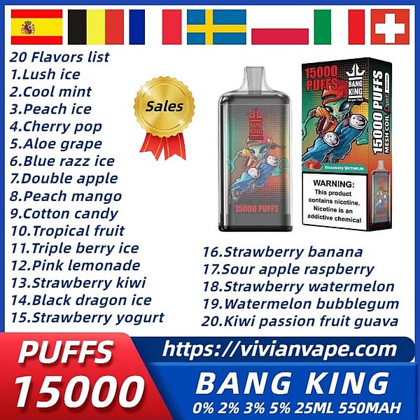 BANG KING 15000 Puffs Disposable Vape pen 0%2%3%5%Nicotine mesh coil 20Flavors E Cigarettes pod
