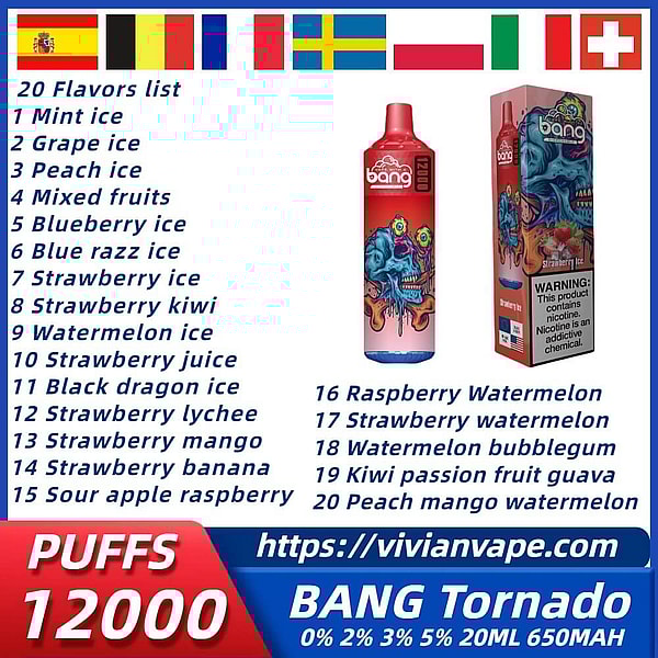 BANG tornado 12000 Puffs Disposable E Cigarettes 2%5%Nicotine 20Flavors Digital screen Vape pod