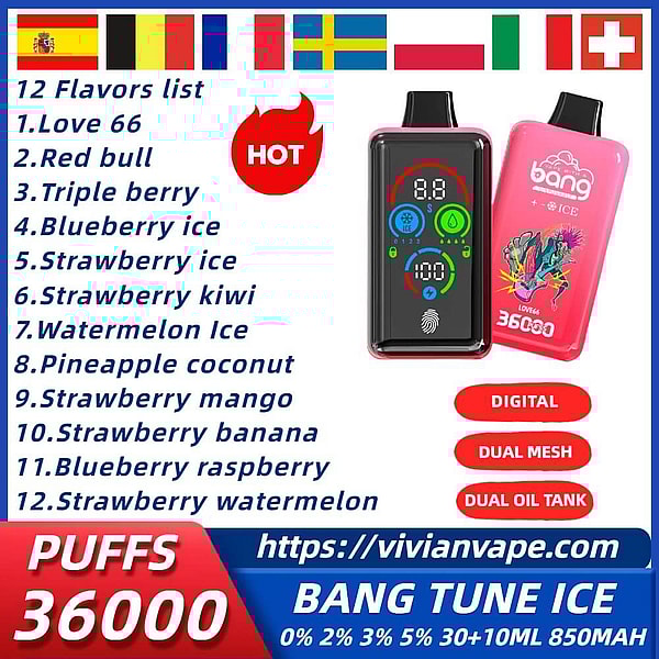 bang ice 36000 puffs Disposable Vape 0%3%5%Nicotine 12Flavors LED display Fingerprint pressure regulation E Cigarettes