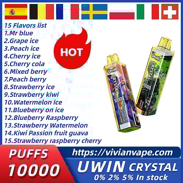 Uwin crystal 10000 Puffs Disposable Vape Type-C 15Flavors 18ml mesh coil E Cigarette free shipping
