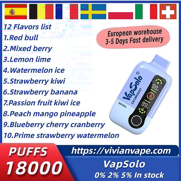 Vapsolo 18000 Puffs Disposable Vape 4Nicotine 10Flavors Digital screen E Cigarettes