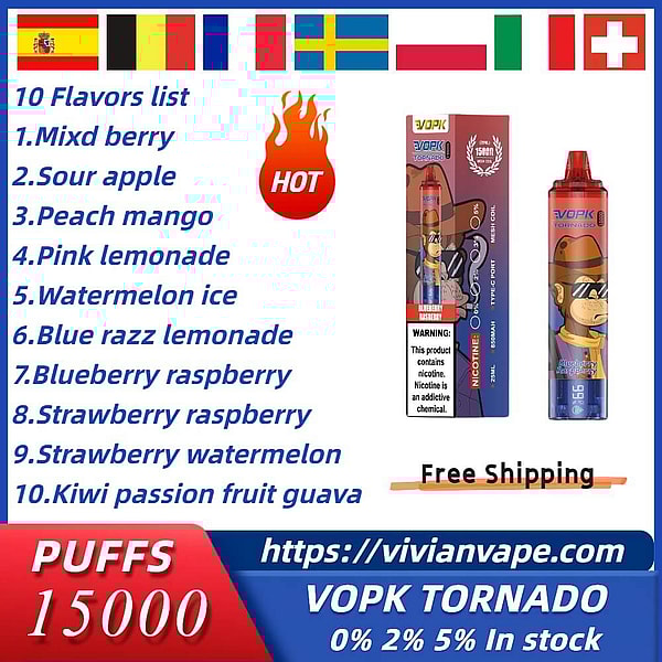 VOPK TORNADO 15000 Puffs Disposable Vape 3Nicotine 10Flavors Digital screen E Cigarettes in stock