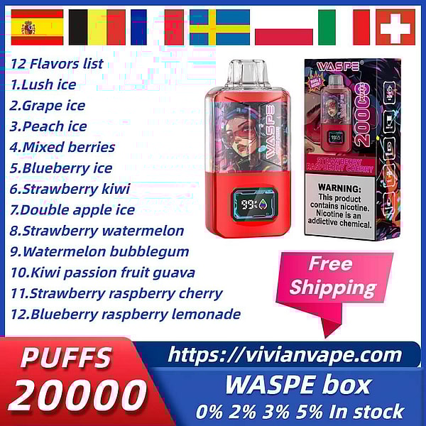 WASPE 20000 Puffs Disposable E Cigarette 0%2%5% LED Display Vape 12Flavors Type-C Rechargeable