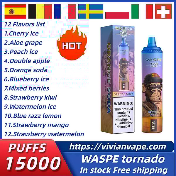 WASPE TORNADO 15000 Puffs Disposable Vape LED display Type-C 12Flavors 22ml liquid E Cigarette