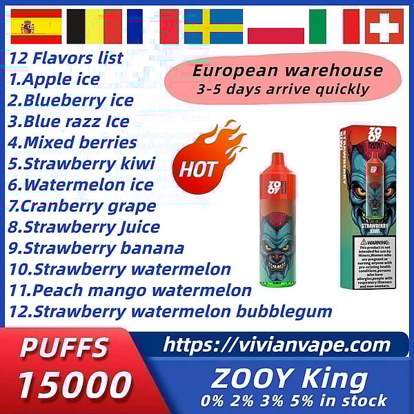 ZOOY king 15000 Puffs Disposable Vape 4Nicotine 12Flavors Digital screen E Cigarettes