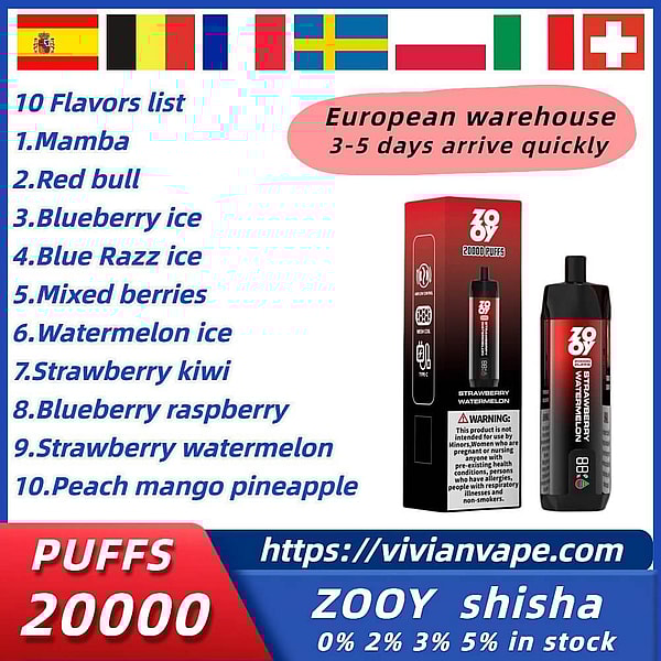 ZOOY shisha 20000 Puffs Disposable Vape 4Nicotine 10Flavors Digital screen E Cigarettes