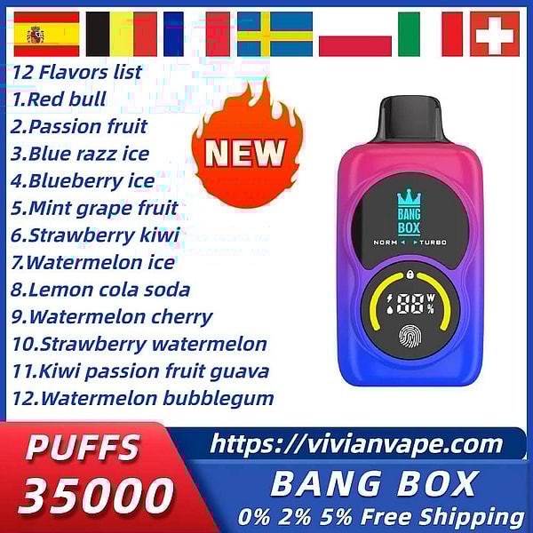 Bang box 35000 Puffs Disposable Vape 3Nicotine 12Flavors Digital screen E Cigarettes free shipping