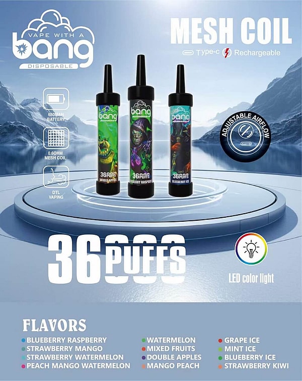 BANG shisha 36000 Puffs Disposable Vape 0%2%5%Nicotine 12Flavors mesh coil Prefilled pod E Cigarettes - Image 2